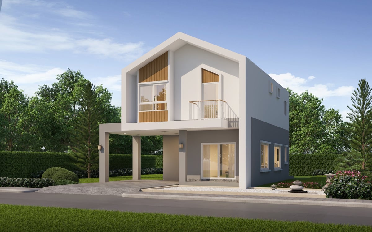 Beautiful modern two-story home with landscaping and driveway